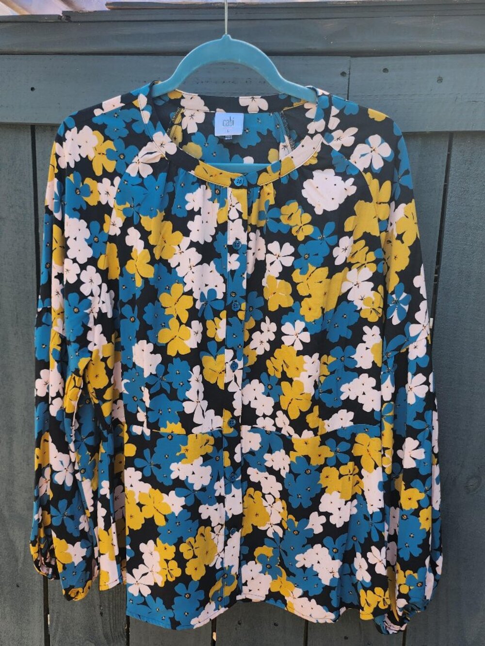 Cabi Blouse 4158 Size Large Button Up Floral Long Sleeve Blue Pink Yellow Black